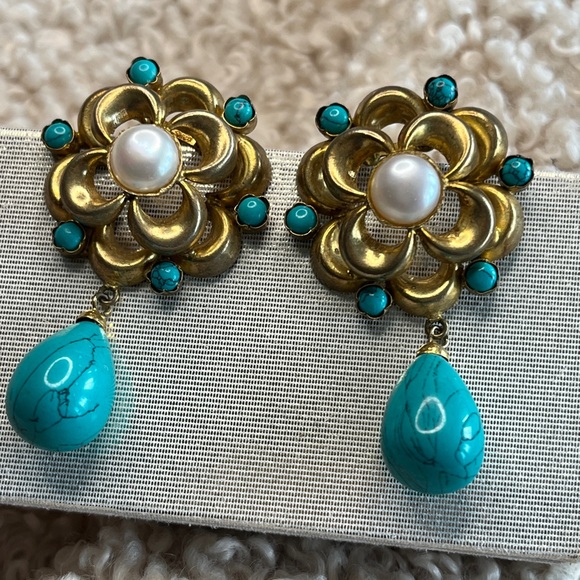 Vintage Estate Genuine Pearls with turquoises Drop Dangle 2.25” - Picture 4 of 6